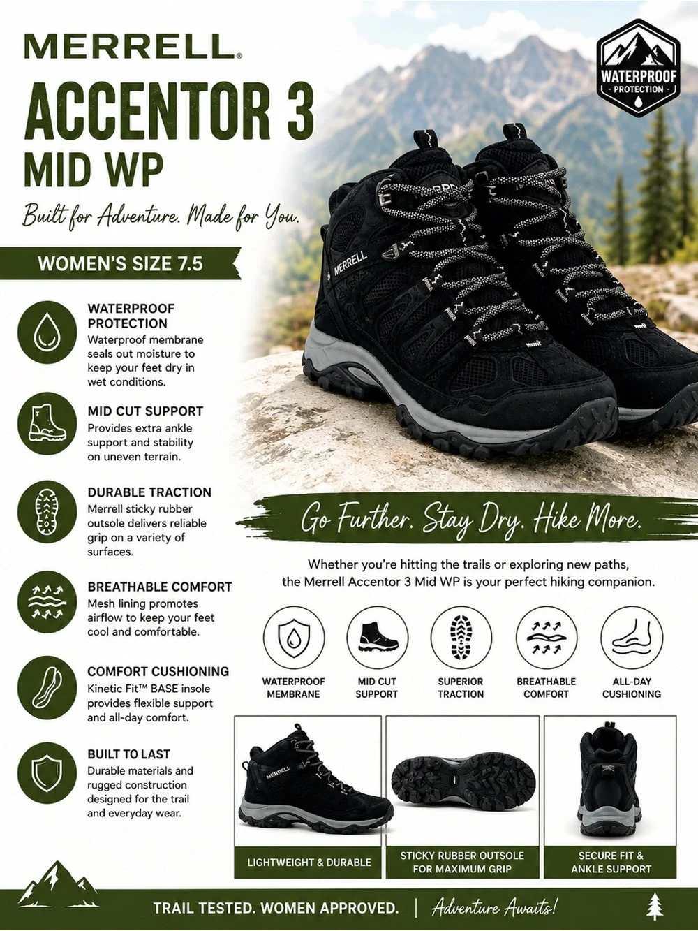 Merrell Accentor 3 Mid WP Waterproof Hiking Boots Women’s Size 7.5